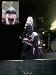  1boy 2b_(nier:automata) 2girls 9s_(nier:automata) a2_(nier:automata) android back_cutout black_blindfold black_dress black_footwear black_gloves black_shorts blindfold blood boots clothing_cutout crying dress drum drum_set elbow_gloves english_commentary fan_screaming_at_madison_beer_(meme) gloves highres holding holding_microphone holding_sword holding_weapon impaled inset instrument joints juliet_sleeves long_hair long_sleeves meme microphone multiple_girls nier:automata nier_(series) puffy_sleeves robot_joints sarahryougi screaming short_hair short_shorts shorts stab stage_lights sword thigh_boots weapon white_hair 