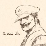 1boy anonymer_benutzer cabbie_hat chinese_commentary close-up closed_mouth commentary facial_hair from_side greyscale_with_colored_background hat lineart looking_at_viewer looking_to_the_side male_focus mario mario_(series) mustache short_hair solo 