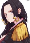  1girl aosora2823 artist_name black_eyes black_hair blush boa_hancock closed_mouth commentary earrings epaulettes highres jewelry long_hair looking_at_viewer one_piece simple_background snake_earrings solo white_background 