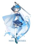  1girl :o ankle_boots aqi233 arm_up blue_eyes blue_footwear blue_hair blue_skirt bodice boots cape character_name detached_sleeves dot_nose full_body gloves hair_ornament highres leg_up looking_at_viewer mahou_shoujo_madoka_magica mahou_shoujo_madoka_magica_(anime) miki_sayaka musical_note musical_note_hair_ornament no_sclera open_mouth short_hair simple_background skirt solo staff_(music) standing standing_on_one_leg thighhighs water white_background white_cape white_gloves white_thighhighs 