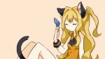  1girl animal_ears cat_ears cat_tail closed_eyes collared_shirt expressionless feathers holding holding_feather knees_up long_hair lupin_strawberry seeu shirt sleeveless sleeveless_shirt solo tail two_side_up very_long_hair vocaloid wrist_cuffs 