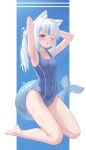  1girl absurdres animal_ear_fluff animal_ears armpits arms_behind_back arms_behind_head bare_arms bare_legs bare_shoulders barefoot blue_eyes blue_hair blue_one-piece_swimsuit breasts collarbone commentary english_commentary fins fish_tail fpvjoe full_body gawr_gura grey_hair highres hololive hololive_english kneeling long_hair looking_at_viewer multicolored_hair one-piece_swimsuit shark_tail small_breasts solo streaked_hair swimsuit tail tying_hair virtual_youtuber wet 