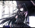  1girl arcaea backlighting black_bow black_dress black_hair blue_eyes blurry blurry_background bow clothing_cutout cowboy_shot dress expressionless hair_bow hair_intakes highres holding holding_umbrella letterboxed long_hair long_sleeves looking_at_viewer parasol plant sanamisa shoulder_cutout solo tairitsu_(arcaea) umbrella wide_sleeves 