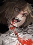  barley_juice blonde_hair blood blood_from_mouth blood_on_face chimera commentary dungeon_meshi falin_touden falin_touden_(chimera) fangs looking_at_viewer monster_girl open_mouth short_hair spoilers unfinished upper_body white_fur 