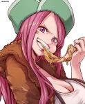  1girl aosora2823 artist_name breasts brown_jacket cleavage commentary eating eye_piercing food green_hat hat highres jacket jewelry_bonney large_breasts lips long_hair looking_at_viewer one_piece pink_hair pizza pizza_slice purple_eyes shirt simple_background smile solo teeth upper_body white_background white_shirt 