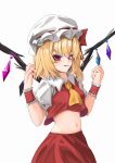  1girl absurdres ascot blonde_hair crop_top crystal_wings flandre_scarlet hat hat_ribbon highres midriff red_eyes red_ribbon red_skirt ribbon simple_background skirt smile solo touhou white_background white_mob_cap wrist_cuffs yellow_ascot z-02 