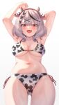  1girl absurdres animal_ears animal_print aoi_zerii bikini black_hair blush breasts cleavage cow_ears cow_print cow_print_bikini fake_animal_ears fang from_below grey_hair hair_ornament highres hololive large_breasts looking_at_viewer medium_hair multicolored_hair navel open_mouth print_bikini red_eyes sakamata_chloe side-tie_bikini_bottom solo streaked_hair swimsuit thighs virtual_youtuber x_hair_ornament 