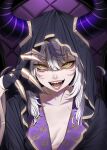  1girl :d breasts claws cleavage collarbone fangs hair_between_eyes highres hololive hood horns la+_darknesss looking_at_viewer maou_(demonlord) medium_hair multicolored_hair open_mouth purple_hair purple_horns small_breasts smile solo streaked_hair striped_horns teeth upper_body virtual_youtuber white_hair yellow_eyes 