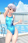  1girl absurdres ahoge aqua_one-piece_swimsuit blue_sky breasts clothes_writing cloud commentary_request competition_swimsuit contrapposto covered_navel day grey_hair highleg highleg_swimsuit highres lane_line one-piece_swimsuit original outdoors pool pool_ladder poolside red_eyes short_hair sky small_breasts smile solo string_of_flags swimsuit takafumi tomboy 