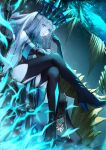  1girl absurdres black_dress black_gloves black_veil blue_eyes braid breasts crossed_legs crown dress fate/grand_order fate_(series) gloves grey_hair half_up_braid high_heels highres holding holding_staff large_breasts long_hair long_sleeves looking_at_viewer morgan_le_fay_(fate) morgan_le_fay_(queen_of_winter)_(fate) ponytail sidelocks sitting sitting_on_throne solo staff two-tone_dress veil very_long_hair yafura 