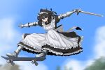  &gt;:) 1girl apron armored_boots back_bow black_dress black_hair blue_eyes boots bow cloud commentary_request dress floating_hair formicid frilled_apron frilled_dress frills full_body gauntlets glint hair_between_eyes highres holding holding_sword holding_weapon long_hair looking_at_viewer maid maid_apron maid_headdress midair mixed-language_commentary original outstretched_arms skateboard skateboarding sky smile solo sword tree v-shaped_eyebrows weapon white_apron 