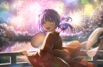  1girl :d aerial_fireworks fireworks floating_hair forest game_cg glowing glowing_eyes green_eyes hand_fan hand_on_railing highres japanese_clothes kimono kingyo_hanabi_(love_live!) link!_like!_love_live! long_sleeves looking_at_viewer looking_back love_live! nature night official_art open_mouth otomune_kozue purple_hair red_kimono side_ponytail sidelocks smile solo teeth third-party_source upper_body upper_teeth_only virtual_youtuber wide_sleeves 