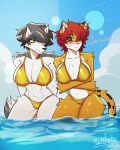 4:5 absurd_res anthro beach big_breasts bikini blue_eyes blue_hair breasts canid canine canis clothing domestic_cat duo felid feline felis female female/female fur gold_bikini golden_week green_eyes hair harucat harucat_(harucat) hi_res luna_(harucat) mammal muscular orange_body orange_fur red_hair swimwear thick_thighs white_body white_fur wolf