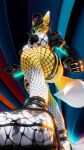  3d_(artwork) 4_fingers 4k 9:16 abstract_background absurd_res angry anthro bandai_namco big_breasts black_claws black_clothing black_hat black_headwear black_latex black_leather black_lips black_nose black_sclera blue_eyes breasts canid canine claws clothed clothing collar curled_tail digimon digimon_(species) digital_media_(artwork) ear_piercing ear_ring facial_markings fangs feet female female_anthro fever-dreamer fingers fishnet_clothing fishnet_legwear fishnet_topwear fist fluffy fluffy_tail fur gloves glowing glowing_eyes handwear harness hat head_markings headgear headwear hi_res hoop_ear_ring jacket latex latex_clothing latex_gloves latex_handware latex_handwear legwear lips looking_at_viewer looking_down looking_down_at_viewer mammal markings pasties piercing ring_piercing selfie snarling solo stepping_on_viewer symbol tail taomon taomon_(dogzeela) teeth toe_claws toes topwear white_body white_fur yellow_body yellow_fur 