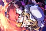  1girl :d ascot blonde_hair commentary fang flandre_scarlet hat isu_(is88) looking_at_viewer mob_cap open_mouth red_eyes short_hair short_sleeves smile solo touhou white_hat wrist_cuffs yellow_ascot 