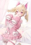  1girl :d ahoge animal_ears blonde_hair breasts commission curtains dot_nose dress headphones highres kneeling kurage_cc large_breasts leg_belt looking_at_viewer on_bed original pillow pink_dress pink_eyes pink_sleeves pleated_dress pom_pom_(clothes) red_eyes short_dress skeb_commission skindentation sleeves_past_fingers sleeves_past_wrists smile solo thighhighs thighs twintails white_thighhighs zettai_ryouiki 