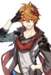  1boy absurdres blue_eyes coat collarbone collared_jacket earrings genshin_impact gloves hair_between_eyes hand_in_hair highres jewelry long_sleeves looking_at_viewer makita_(homosapiensu) male_focus mask mask_on_head orange_hair simple_background single_earring solo tartaglia_(genshin_impact) white_background white_coat 