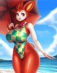  animal_crossing anthro big_breasts breasts bunnie_(animal_crossing) clothed clothing cloud digital_media_(artwork) female hi_res holding_object holding_umbrella lagomorph leporid looking_at_viewer mammal mleonheart nintendo one-piece_swimsuit open_mouth open_smile outside rabbit sky smile solo swimwear umbrella video_games water 