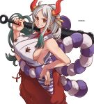  1girl aosora2823 armpits artist_name breasts cleavage earrings gradient_hair green_hair hand_on_own_hip highres holding holding_weapon hoop_earrings horns jewelry large_breasts looking_at_viewer multicolored_hair one_piece ponytail red_eyes red_horns rope shimenawa simple_background smile solo weapon white_background white_hair yamato_(one_piece) 