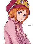  1girl aosora2823 artist_name blue_eyes blush closed_mouth commentary frilled_shirt frills goggles goggles_on_headwear hat highres koala_(one_piece) long_sleeves looking_at_viewer one_piece orange_hair pink_shirt red_hat shirt short_hair simple_background smile solo white_background 