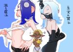 2girls bare_shoulders black_dress black_gloves black_mask black_pants blonde_hair blue_background blue_hair breasts chest_sarashi colored_eyelashes covering_breasts covering_privates crop_top dark-skinned_female dark_skin dress earrings elbow_gloves frye_(splatoon) gloves hair_over_one_eye hand_on_own_chin hand_on_own_hip highres imagining inkling isixkm5rknilodd jewelry long_hair mainichi_yamucha mask mouth_mask multiple_earrings multiple_girls multiple_views navel necklace octoling official_alternate_costume one_eye_covered outline pants pursed_lips red_eyes sarashi shawl shirt shiver_(splatoon) short_eyebrows small_breasts splatoon_(series) splatoon_3 stomach strapless strapless_dress stroking_own_chin suction_cups tentacle_hair tentacle_hair_ornament thinking tooth_earrings torn_clothes torn_pants translation_request undone_sarashi white_outline yellow_eyes yellow_shawl yellow_shirt 