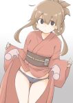  1girl 1other akara_kai alternate_costume badge black_panties brown_eyes brown_hair closed_mouth clothes_lift disembodied_limb feet_out_of_frame folded_ponytail highres inazuma_(kancolle) japanese_clothes kantai_collection kimono kimono_lift long_hair obi official_alternate_costume panties red_kimono sash thigh_gap underwear yukata 