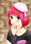  1girl :t absurdres arima_kana black_shirt blush bob_cut closed_mouth copyright_name fork fur-trimmed_headwear fur_trim hat highres holding holding_fork looking_at_viewer medium_hair oshi_no_ko red_eyes red_hair ribbon shirt solo white_hat yurigera_8959 