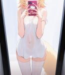  1girl alternate_costume blonde_hair cellphone commentary covered_navel dog_girl dog_tail dress english_commentary head_out_of_frame highres holding holding_phone hololive hololive_english knees_out_of_frame koahri mirror mococo_abyssgard multicolored_hair phone pink_hair reflection selfie short_dress short_hair single_off_shoulder sleeveless sleeveless_dress smartphone solo streaked_hair tail thighhighs virtual_youtuber white_dress white_thighhighs 