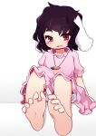  1girl absurdres animal_ears barefoot black_hair bloomers blush carrot_necklace commentary_request dress feet flat_chest floppy_ears foot_focus frilled_sleeves frills full_body grin highres inaba_tewi jewelry kanisawa_yuuki looking_at_viewer medium_bangs necklace pink_dress rabbit_ears rabbit_girl red_eyes short_hair simple_background sitting smile soles solo thick_eyebrows toenails toes touhou wavy_hair white_background white_bloomers 