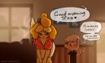  animal_crossing bodily_fluids bottomwear breasts cleavage clothed clothing doom doom_(series) doom_guy female flirting hi_res id_software isabelle_(animal_crossing) male mammal nintendo peachkuns skirt sunrise sweat video_games writing_(disambiguation) 