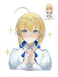  1girl absurdres ahoge artoria_pendragon_(fate) blonde_hair blue_eyes blue_ribbon blush commentary_request cropped_torso fate/stay_night fate_(series) hair_between_eyes hair_ribbon highres long_sleeves looking_at_viewer neck_ribbon nigiri own_hands_together ribbon saber_(fate) shirt short_hair sidelocks simple_background solo symbol-shaped_pupils white_background white_shirt 