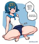  1girl arm_support artist_name ass barefoot blue_eyes blue_hair blue_sailor_collar blush breasts collarbone eyebrows_visible_through_hair full_body hairband highres korean_text lana_(pokemon) looking_at_viewer milksauce00 no_sclera one-piece_swimsuit open_mouth pokemon pokemon_(game) pokemon_sm sailor_collar self_upload shirt short_hair sleeveless sleeveless_shirt small_breasts smile solo speech_bubble spread_legs swimsuit swimsuit_under_clothes toes translation_request trial_captain 
