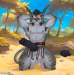  2_horns abs anthro armpit_hair balls body_hair charr eroskun felid genitals guild_wars hi_res horn knot male mammal muscular muscular_anthro muscular_male nipples pecs penis solo striped_body stripes tail 