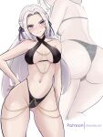  1girl absurdres ass ass_visible_through_thighs bikini black_bikini blush breasts cameltoe chascoby contrapposto edelgard_von_hresvelg fire_emblem fire_emblem:_three_houses hair_ribbon highres long_hair looking_at_viewer medium_breasts multiple_views navel patreon_username purple_eyes ribbon stomach swimsuit thighs very_long_hair white_hair wide_hips yomorio_lingerie 