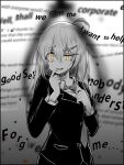  1girl blurry blurry_foreground collared_shirt crying crying_with_eyes_open english_text finger_to_mouth formal greyscale hair_between_eyes half-closed_eye hands_up highres hod_(project_moon) jacket lobotomy_corporation long_sleeves monochrome necktie nervous noose ori_oriio project_moon shirt solo spot_color tears upper_body yellow_eyes 