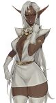  1girl absurdres breasts circlet cleavage dark-skinned_female dark_elf dark_skin elf gloves green_eyes highres long_hair long_pointy_ears pirotess pointy_ears record_of_lodoss_war simple_background solo thighhighs white_background white_gloves white_hair white_thighhighs ykshelter 