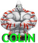  2015 anthro badge big_muscles bottomwear clothed clothing colin_steel crossed_arms dragon dreamworks_face fierglief green_eyes grin headgear headphones headset hi_res horn huge_muscles hyper hyper_muscles looking_at_viewer male muscular pants simple_background smile solo text topless white_background 