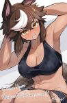  1girl abs animal_ears armpits arms_behind_head bike_shorts black_shirt black_shorts blush breasts brown_eyes brown_hair cleavage clenched_teeth collarbone commentary commission crop_top english_commentary exercising hawe_king highres horse_ears horse_girl horse_tail indie_virtual_youtuber large_breasts long_hair multicolored_hair shirt shorts sidelocks simple_background sit-up skeb_commission sleeveless solo tail teeth tomoe_umari virtual_youtuber white_background white_hair 
