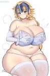  1girl alternate_body_size alternate_breast_size artist_name blonde_hair blue_eyes blush breasts collarbone commentary_request elbow_gloves fate_(series) gloves highres huge_breasts jeanne_d&#039;arc_(fate) long_hair looking_at_viewer navel noiretox parted_lips plump puff_of_air seiza simple_background sitting solo sweat thick_thighs thighhighs thighs white_background 