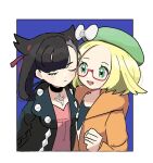  2girls :d asymmetrical_bangs bianca_(pokemon) black_choker black_hair black_jacket blonde_hair border choker closed_eyes closed_mouth dress eneko_(olavcnkrpucl16a) glasses green_eyes green_hat hat highres jacket looking_at_another marnie_(pokemon) multiple_girls open_clothes open_jacket open_mouth orange_jacket pink_dress pokemon pokemon_bw2 pokemon_swsh red-framed_eyewear shirt smile teeth upper_body upper_teeth_only white_border 