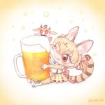  1girl alcohol animal_ears beer beer_mug boots brown_eyes brown_hair cat_ears cat_girl cat_tail cup extra_ears highres kemono_friends kemono_friends_v_project large-spotted_genet_(kemono_friends) long_hair microphone mug one_eye_closed orange_background ribbon saival_cat shirt simple_background skirt suspenders tail thighhighs twintails virtual_youtuber 