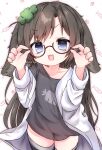  1girl :3 absurdres adjusting_eyewear animal_ears black_shirt black_thighhighs blue_eyes brown_hair carrot_print clover_hair_ornament commission food_print four-leaf_clover_hair_ornament glasses hair_ornament hands_on_eyewear highres indie_virtual_youtuber kiyomi_pyon-pyon long_hair looking_at_viewer no_pants open_mouth pokopokotarou1 print_shirt rabbit_ears rabbit_tail semi-rimless_eyewear shirt skeb_commission smile solo tail thighhighs thighs virtual_youtuber white_shirt 