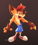 2022 activision anthro artist_name bandicoot biped blue_bottomwear blue_clothing blue_pants bottomwear brown_nose clothed clothing crash_bandicoot crash_bandicoot_(series) eyebrows fangs fingerless_gloves footwear fur gloves green_eyes hair handwear hi_res inner_ear_fluff male mammal marsupial mohawk open_mouth open_smile orange_body orange_fur pants rakkun13 red_clothing red_footwear red_hair red_shoes shoes simple_background smile solo teeth topless topless_anthro topless_male tuft