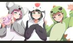  3girls :&gt; alternate_costume animal_hood anyoji_hime arms_up averting_eyes blue_eyes blunt_bangs blunt_ends blush braid brown_hair center-flap_bangs claw_pose closed_mouth collarbone commentary_request dinosaur_hood english_text facing_viewer flower_knot green_eyes green_hair grin hair_ornament hands_up heart heart-shaped_pillow highres holding holding_pillow hood hood_up kachimachi_kosuzu kametora_(kametora02) koala letterboxed link!_like!_love_live! long_sleeves looking_at_viewer looking_to_the_side love_live! momose_ginko multicolored_eyes multiple_girls onesie pillow pillow_writing pink_eyes pink_hair short_hair side_braids sideways_glance simple_background sleeves_past_fingers sleeves_past_wrists smile swept_bangs upper_body virtual_youtuber white_background yellow_eyes 