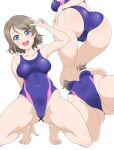  1girl absurdres ass ass_focus barefoot blue_eyes blue_one-piece_swimsuit breasts cameltoe competition_swimsuit covered_navel from_below full_body grey_hair highres love_live! love_live!_sunshine!! medium_breasts multiple_views one-piece_swimsuit open_mouth round_teeth short_hair simple_background squatting swimsuit teeth two-tone_swimsuit upper_teeth_only usazirou539 watanabe_you white_background 