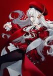  1girl ascot bangs beret black_legwear breasts brooch caren_hortensia dress fate/grand_order fate/hollow_ataraxia fate_(series) hat jewelry long_hair long_sleeves pantyhose red_background red_dress red_headwear shawl small_breasts thighs wavy_hair white_hair yaoshi_jun yellow_eyes 