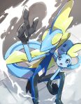  arm_holding artist_name blue_eyes commentary_request finger_gun from_above gen_8_pokemon half-closed_eyes hand_up highres inteleon looking_up makoto_ikemu no_humans one_knee open_mouth perspective pokemon pokemon_(creature) signature sobble starter_pokemon yellow_eyes 