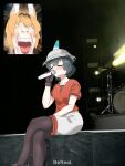 2girls abrams_(0abrams0) animal_ears black_hair blonde_hair blush concert drum drum_set fan_screaming_at_madison_beer_(meme) gloves hat hat_feather helmet highres holding holding_microphone inset instrument kaban_(kemono_friends) kemono_friends meme microphone multiple_girls music open_mouth photo_background pith_helmet red_shirt screaming serval_(kemono_friends) serval_print shirt short_hair shorts singing stage tail 