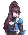  1girl alternate_universe artist_name blue_eyes blue_jacket blush breasts brown_hair captain_lacroix cleavage heterochromia highres jacket kazy light_persona long_hair looking_at_viewer official_alternate_costume overwatch smile solo tagme twitter_username very_long_hair white_background widowmaker_(overwatch) 