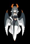  1girl antlers bird_girl bird_tail bird_wings black_background black_dress bright_pupils claws closed_mouth colored_inner_hair colored_sclera colored_skin colored_tips cyany dress english_commentary feathered_wings full_body gem grey_hair grey_skin grey_wings hand_on_own_hip highres horns imuthar_(cyany) jewelry long_hair looking_at_viewer monster_girl multicolored_hair multiple_horns no_feet orange_eyes orange_horns original pelvic_curtain red_gemstone simple_background solo standing strapless tail white_skin wings yellow_pupils yellow_sclera 